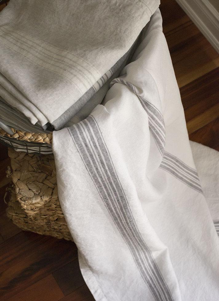 White Linen Hand Towels With Charcoal Stripes Online - MG Maison